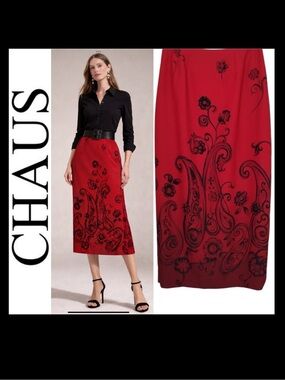 Chaus Vintage red midi  skirt featuring a black paisley and floral print.Size 10